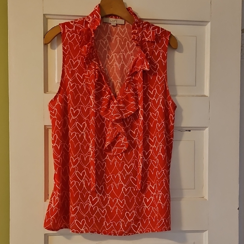 LOFT Red Heart Print Ruffle Blouse
